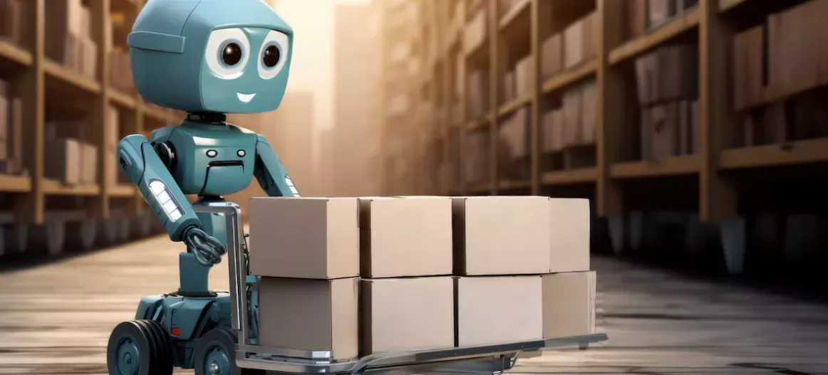 Image d'un petit robot cute transportant des cartons.