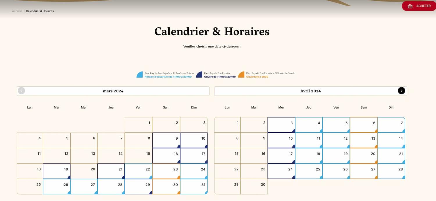 Capture d'écran de la page calendrier du nouveau site du Puy du Fou Tolède