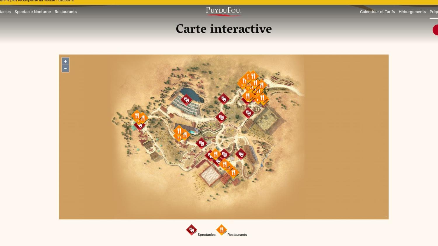 Capture d'écran de la page carte intéractive du nouveau site du Puy du Fou Tolède