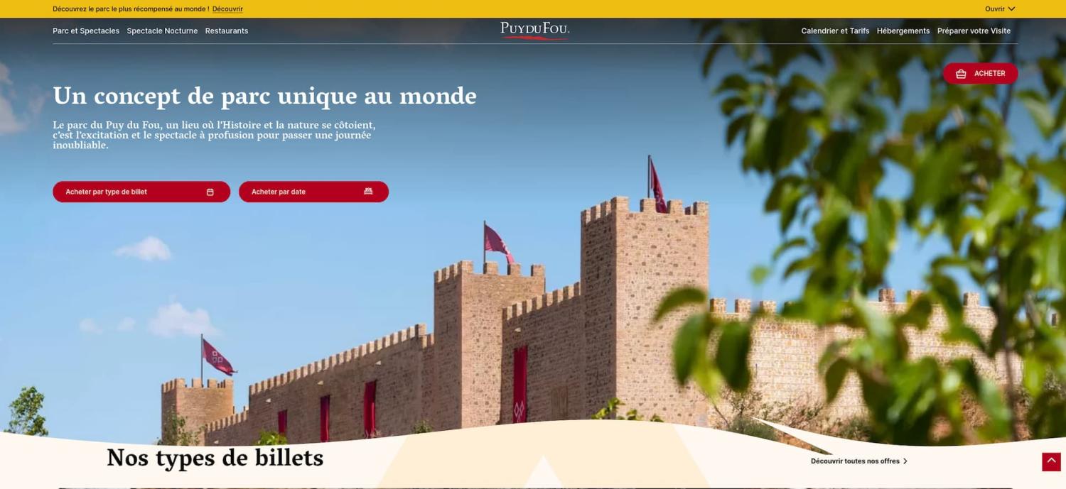 Capture d'écran de la page d'accueil du nouveau site du Puy du Fou Tolède