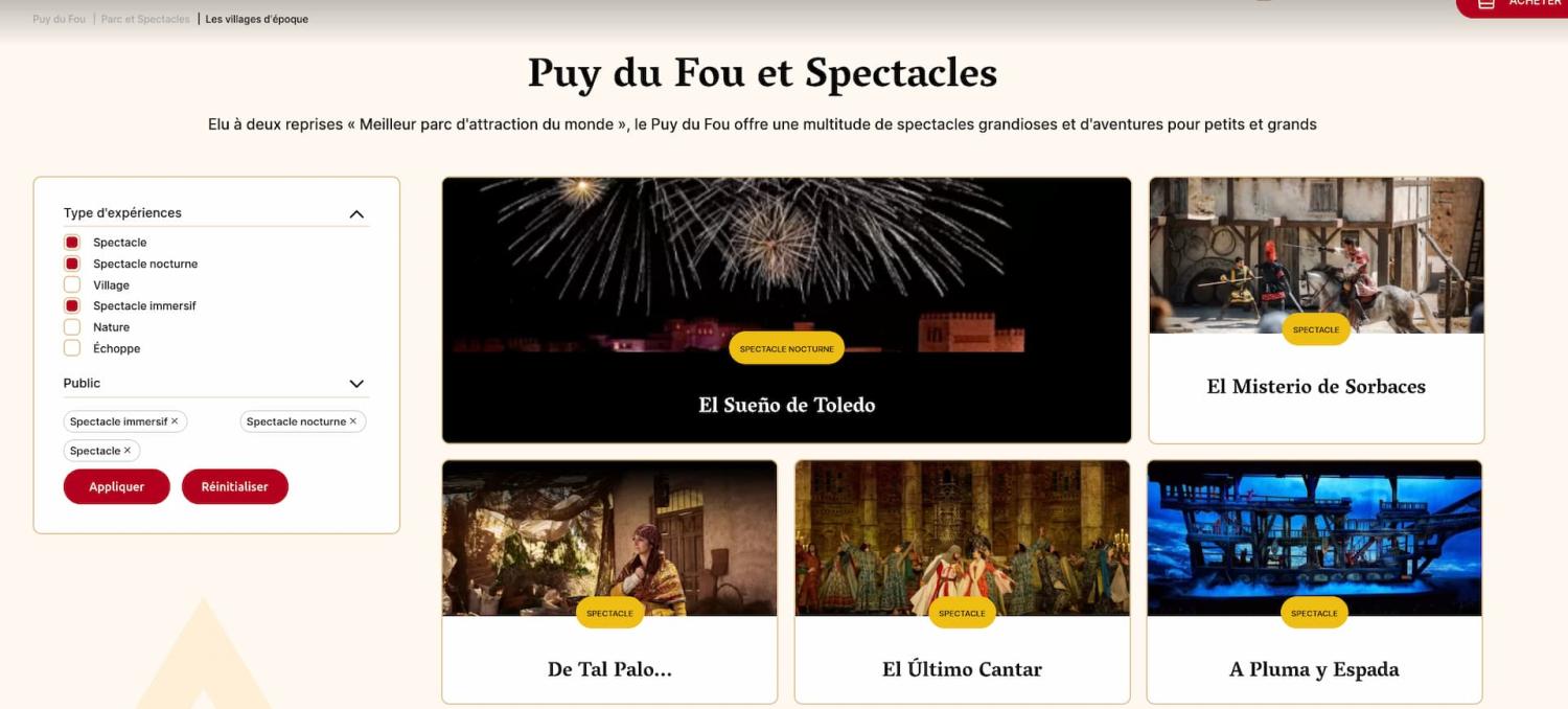 Capture d'écran de la page liste des spectacles du nouveau site du Puy du Fou Tolède