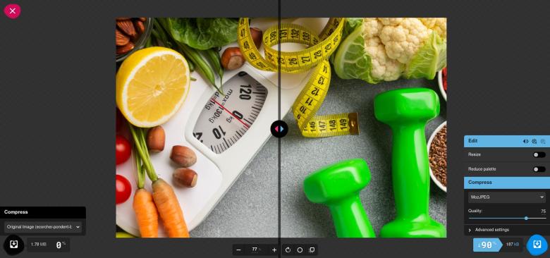 Capture d'écran de l'outil Squoosh qui permet d'alléger une image sans trop modifier la qualité.