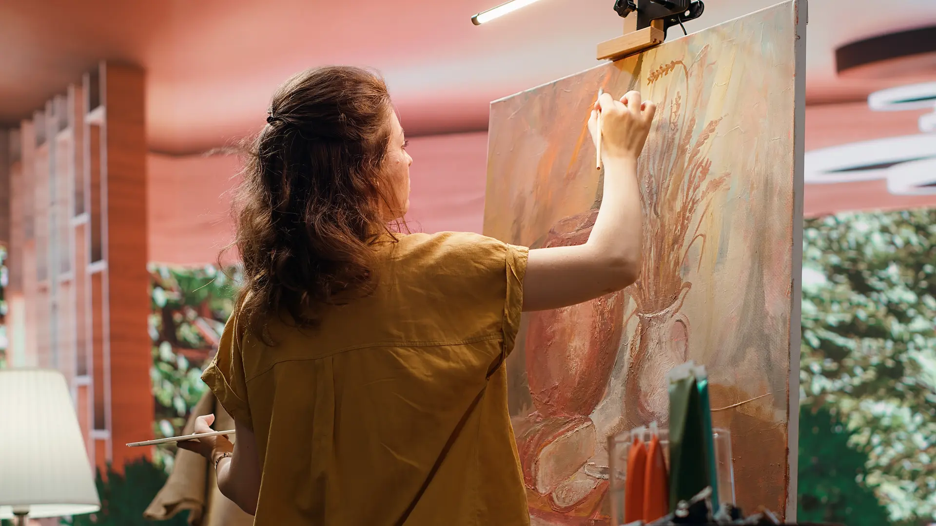 Une femme entrain de peindre une nature morte