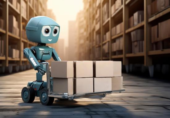 Image d'un petit robot cute transportant des cartons.