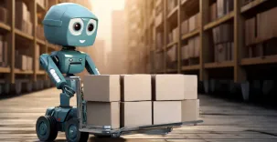 Image d'un petit robot cute transportant des cartons.