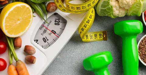 Photo d'illustration de l'article montrant une balance, un ruban mètre et des légumes symbolisant les régimes.