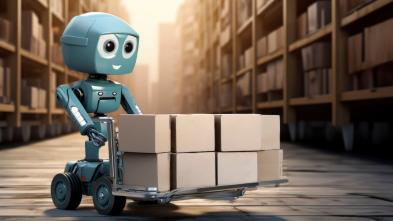 Image d'un petit robot cute transportant des cartons.