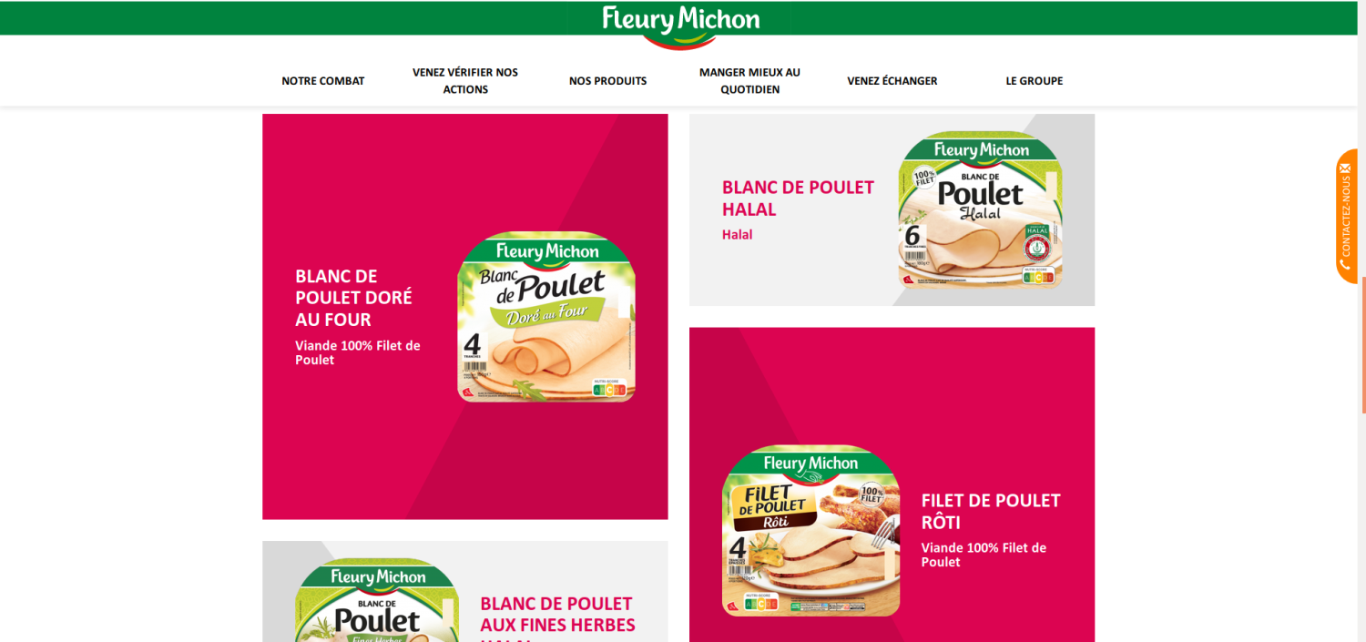 Site web Fleury Michon. Capture d'écran de la page qui liste les produits.