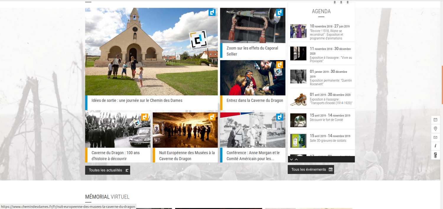 Capture d'écran de la page actualité du site du Chemin des Dames.