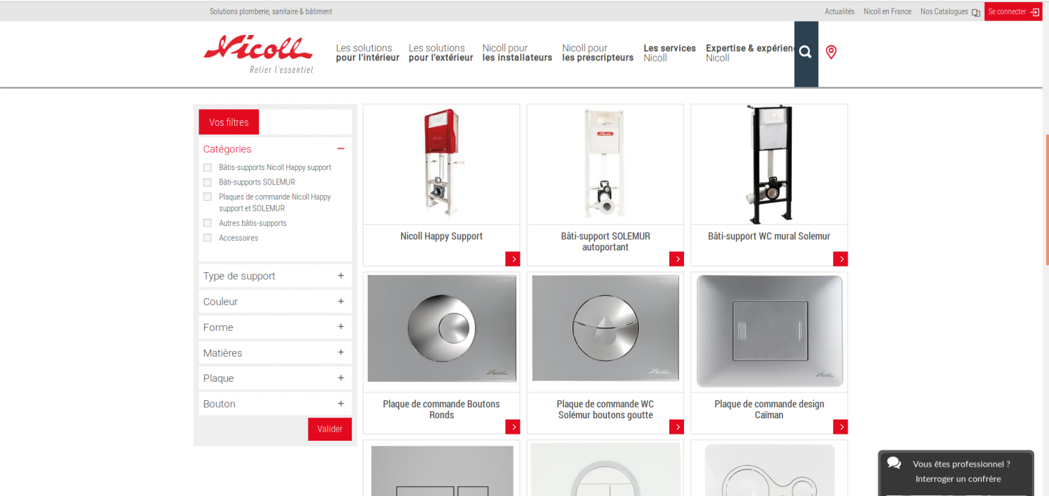 Capture d'écran de la page produit list du site Nicoll.