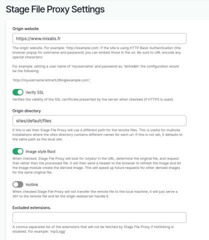 Page de configuration de Stage File Proxy