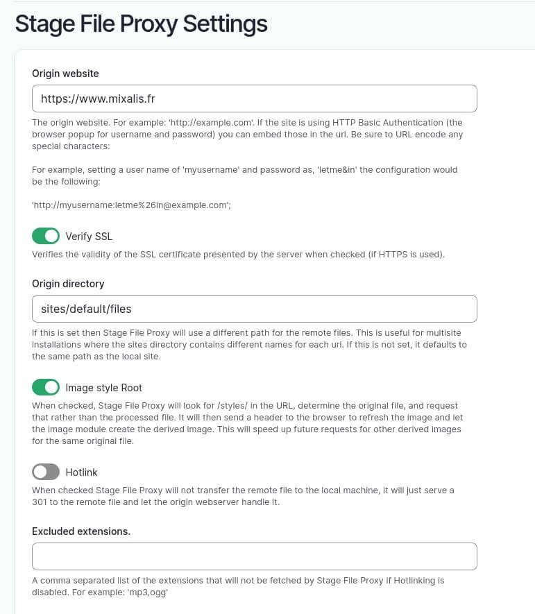 Page de configuration de Stage File Proxy